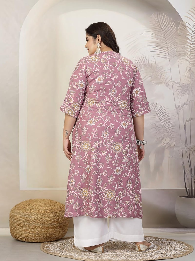 Stylum Women's Plus Size Floral Print Rayon A-Line Kurta Mauve - Image 2