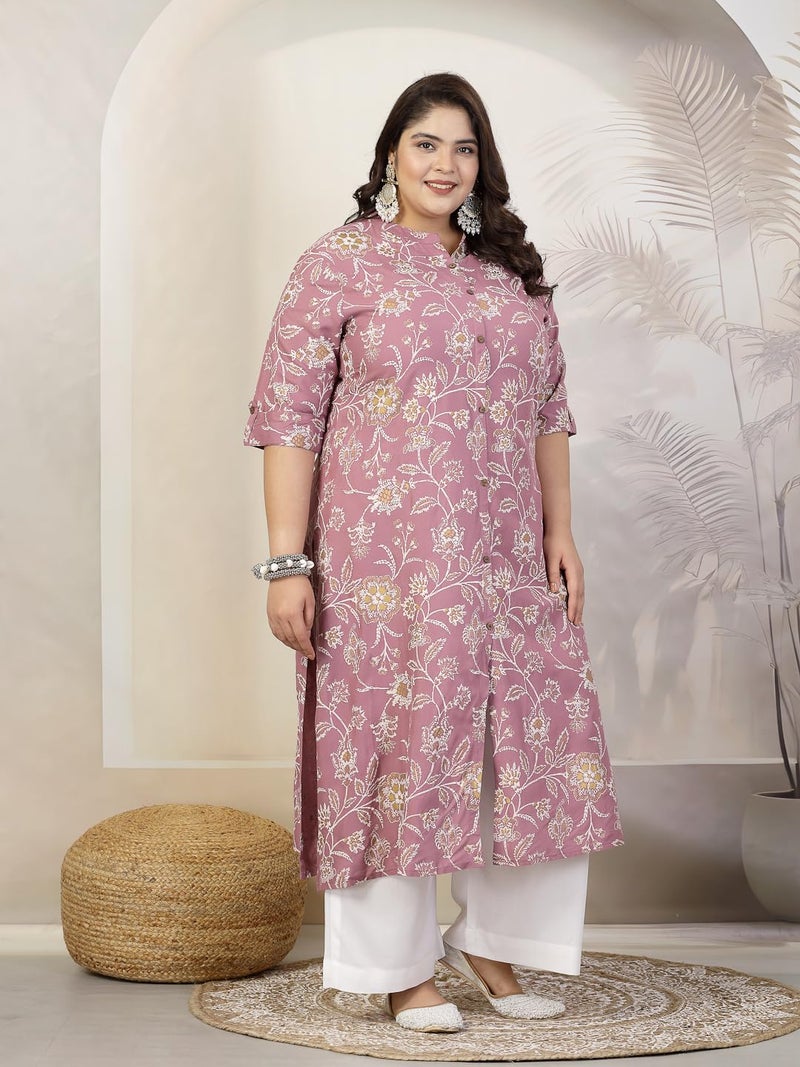 Stylum Women's Plus Size Floral Print Rayon A-Line Kurta Mauve - Image 3