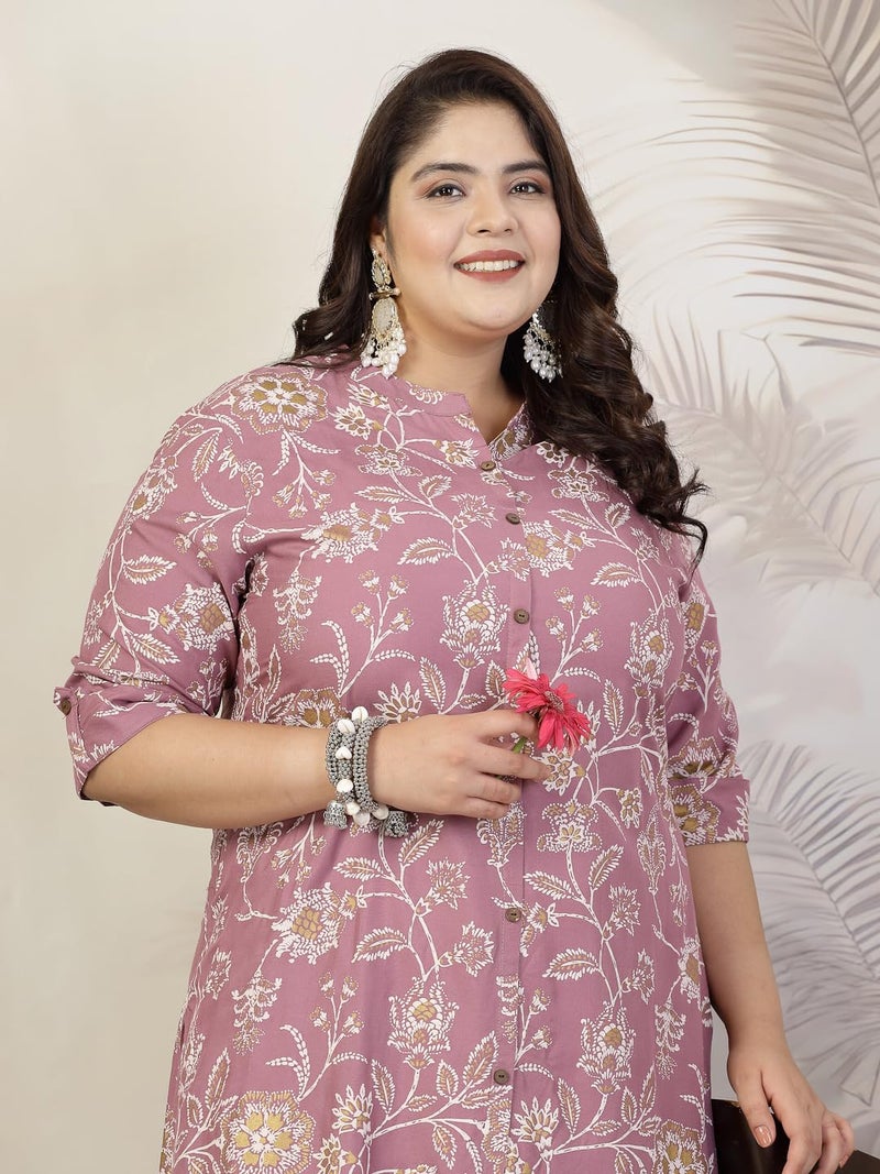 Stylum Women's Plus Size Floral Print Rayon A-Line Kurta Mauve - Image 4