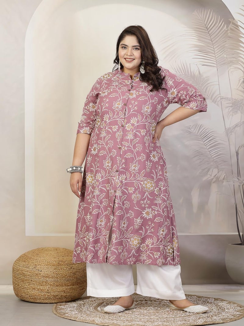 Stylum Women's Plus Size Floral Print Rayon A-Line Kurta Mauve - Image 5