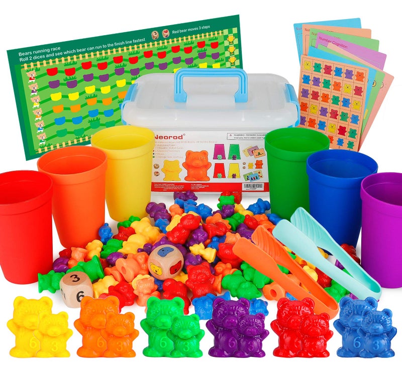 NEOROD Rainbow Counting Bears with Matching Sorting Cups, Number Color Recognition STEM Educational Toddler Preschool Math Manipulatives Toy Set of 90, 2 Tweezers, 2 Dices, 12 Cards, Container - Image 1