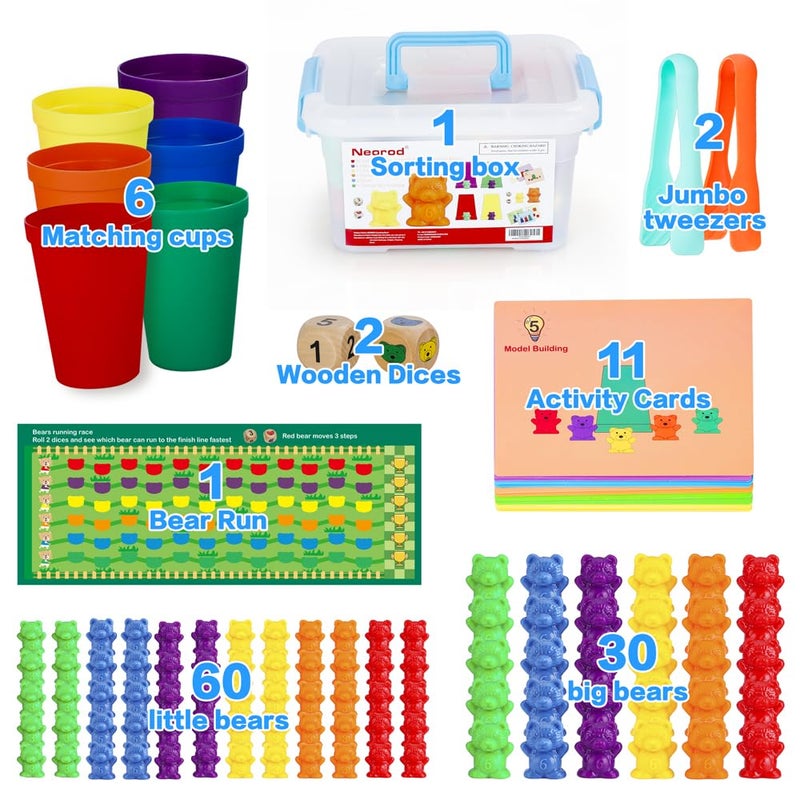 NEOROD Rainbow Counting Bears with Matching Sorting Cups, Number Color Recognition STEM Educational Toddler Preschool Math Manipulatives Toy Set of 90, 2 Tweezers, 2 Dices, 12 Cards, Container - Image 2