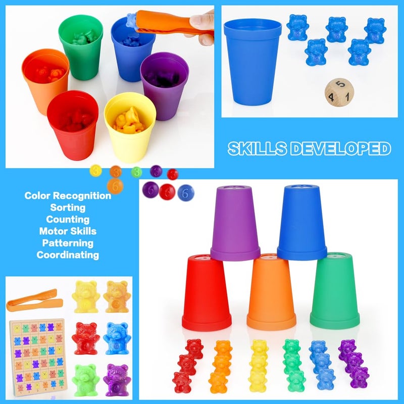 NEOROD Rainbow Counting Bears with Matching Sorting Cups, Number Color Recognition STEM Educational Toddler Preschool Math Manipulatives Toy Set of 90, 2 Tweezers, 2 Dices, 12 Cards, Container - Image 4