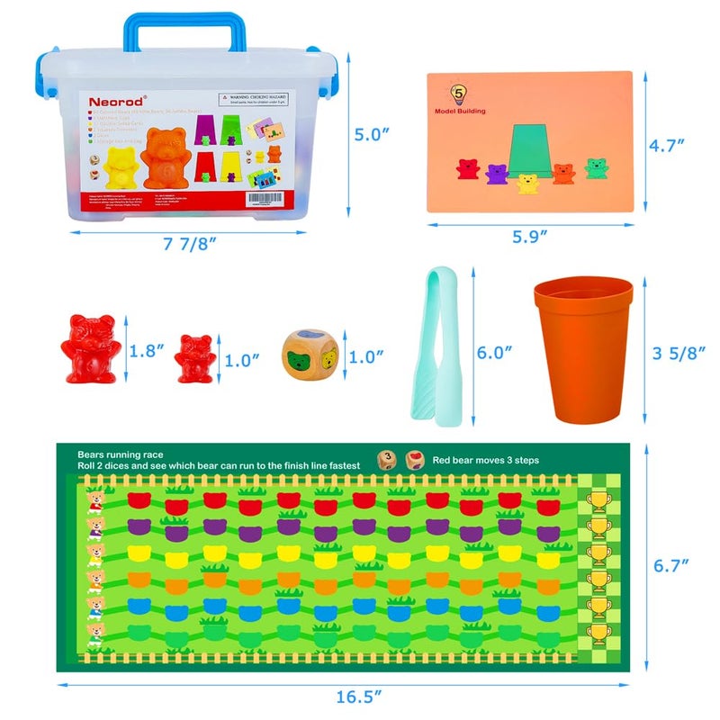 NEOROD Rainbow Counting Bears with Matching Sorting Cups, Number Color Recognition STEM Educational Toddler Preschool Math Manipulatives Toy Set of 90, 2 Tweezers, 2 Dices, 12 Cards, Container - Image 3
