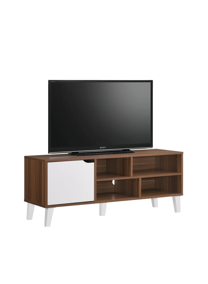 دبيلو تي- إيزي كير خزانة تلفزيون خشبية لغرفة المعيشة، بلمسة نهائية من الكرز - 5 حجرات تخزين مع إدارة الكابلات، تناسب أجهزة التلفزيون حتى 55 بوصة، وحدة ترفيه حديثة، متينة، سهلة التجميع، موفرة للمساحة