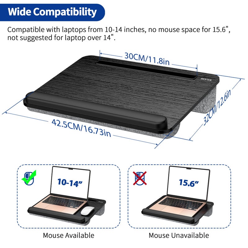Besign LT08 Laptop Stand, Portable Lap Desk with Pillow Cushion, Fits up to 14 inch Laptop, with Anti-Slip Strip for Desk, Sofa & Bed, Black and Gray - Image 5