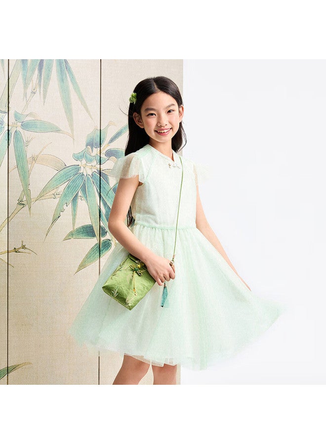Annil Anner Anner Children's Wear Girls' Short Sleeve Dress Summer New Chinese Style Solid Color Mesh Sweet And Light Dress - Image 1