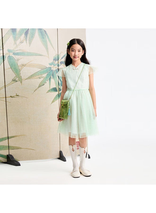 Annil Anner Anner Children's Wear Girls' Short Sleeve Dress Summer New Chinese Style Solid Color Mesh Sweet And Light Dress - Image 4