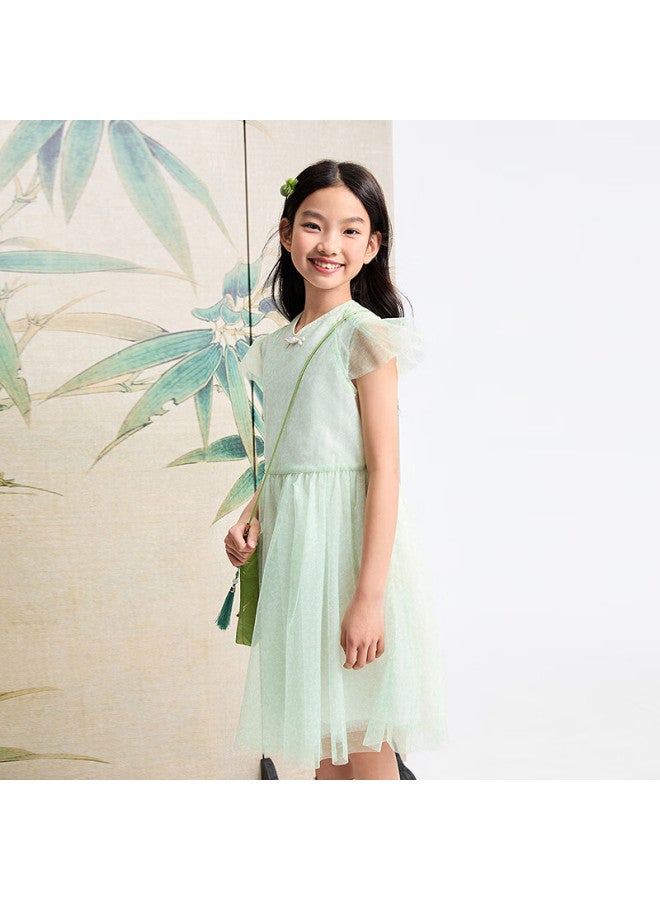 Annil Anner Anner Children's Wear Girls' Short Sleeve Dress Summer New Chinese Style Solid Color Mesh Sweet And Light Dress - Image 2