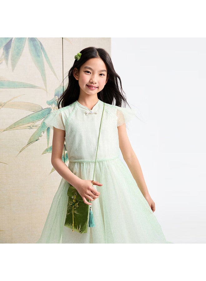 Annil Anner Anner Children's Wear Girls' Short Sleeve Dress Summer New Chinese Style Solid Color Mesh Sweet And Light Dress - Image 3