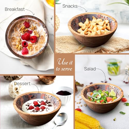 nestroots Wooden Serving Bowl for Snacks & Dry Fruits | Set of 2 Grey Printed Multipurpose Bowl for Dining & Kitchen |6 inches Handcrafted Snack Bowl - Image 3