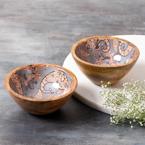 nestroots Wooden Serving Bowl for Snacks & Dry Fruits | Set of 2 Grey Printed Multipurpose Bowl for Dining & Kitchen |6 inches Handcrafted Snack Bowl - Image 1