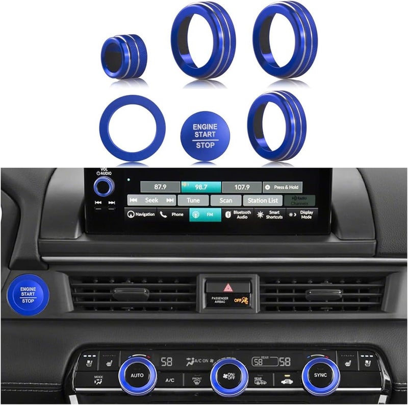 HDUFC Suitable for Honda Pilot 2023 2024 2025 Air Conditioning Control Volume Knob Adjustment Knob Cover, Start Button Cover/Ring, Car Interior Trim 6 Pieces/Set (Blue) - Image 1
