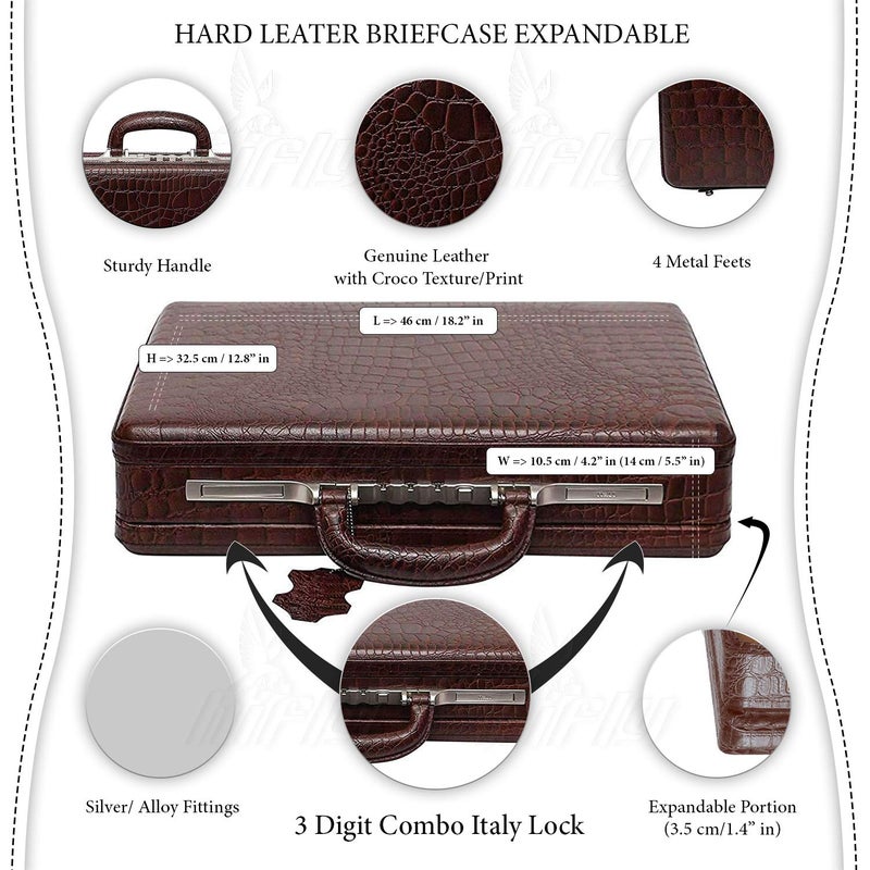 Hifly Brown Leather Briefcase / Laptop Briefcase - Expandable - Unisex - Hard - Office Bag - 3 Digit Combo Italy Lock - Suitcase - Laptop Briefcase - Brown - Image 5