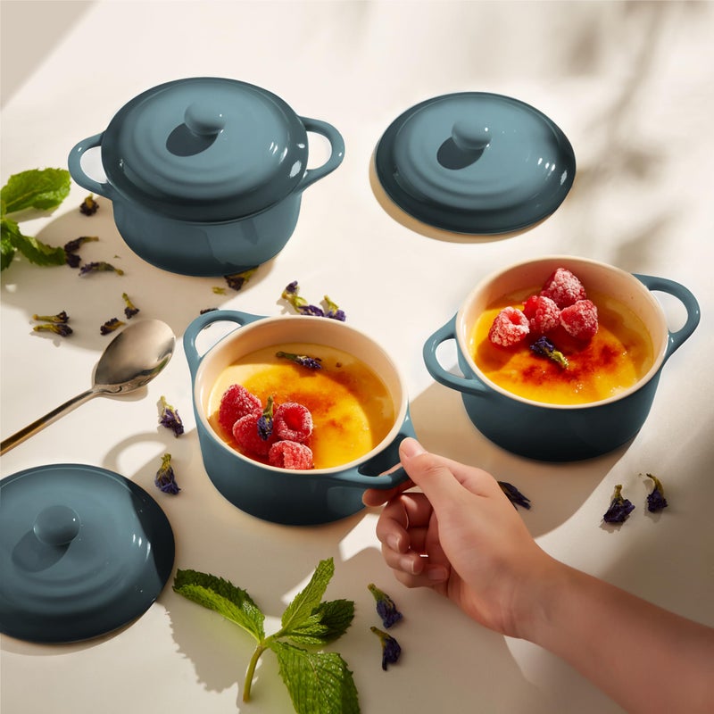 Kook Ceramic Mini Cocotte Set, Small Casserole Dishes with Lids and Handles, Individual Baking Ramekins, Oven, Microwave u0026 Dishwasher Safe, Stoneware, 12 oz, Set of 4 (Stone Ombre) - Image 2