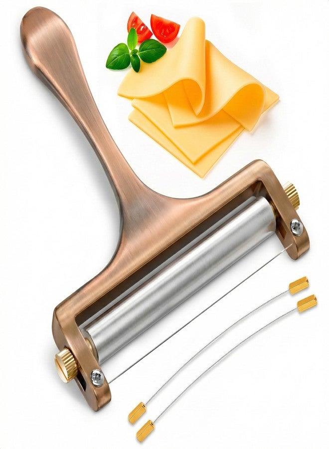 V TOWER Stainless Steel Cheese Slicer for Block Cheese – Effortless Even Slices Every Time, Handheld Wire Slicer with Adjustable Thickness for Mozzarella, Cheddar, Gruyere, 2 Replacement Wires, Bronze Finish - Image 1