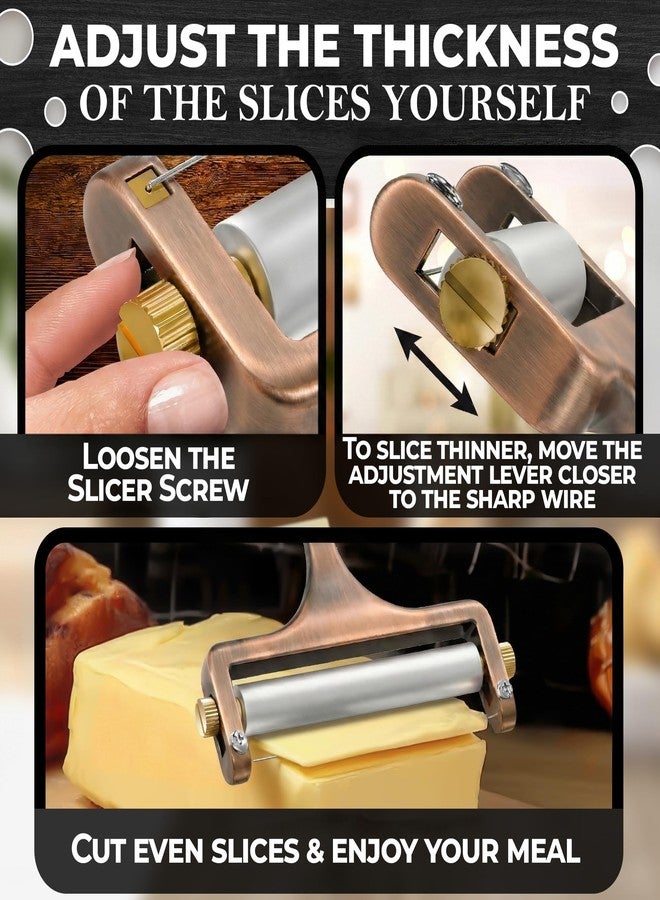 V TOWER Stainless Steel Cheese Slicer for Block Cheese – Effortless Even Slices Every Time, Handheld Wire Slicer with Adjustable Thickness for Mozzarella, Cheddar, Gruyere, 2 Replacement Wires, Bronze Finish - Image 5