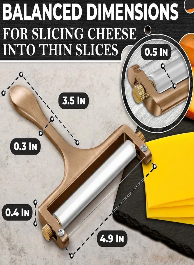 V TOWER Stainless Steel Cheese Slicer for Block Cheese – Effortless Even Slices Every Time, Handheld Wire Slicer with Adjustable Thickness for Mozzarella, Cheddar, Gruyere, 2 Replacement Wires, Bronze Finish - Image 2