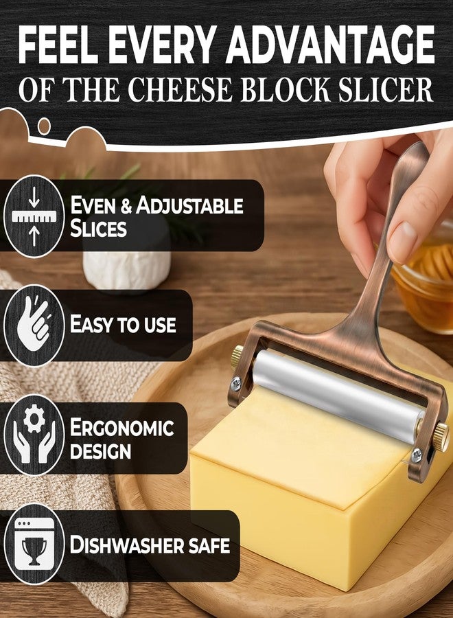 V TOWER Stainless Steel Cheese Slicer for Block Cheese – Effortless Even Slices Every Time, Handheld Wire Slicer with Adjustable Thickness for Mozzarella, Cheddar, Gruyere, 2 Replacement Wires, Bronze Finish - Image 4