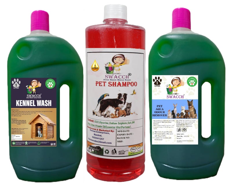 swacch Kennel Wash (Mogra) + Pet Shampoo (Jasmine) I Pet Aqua Odour Remover (Jasmine) 1 Litre Combo Pack of 3 Economical Pack I Dog and Cat Friendly - Image 1