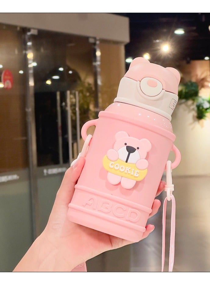 زد Cartoon thermos cup Children's kettle baby with straw cute water cup 500ml pink 