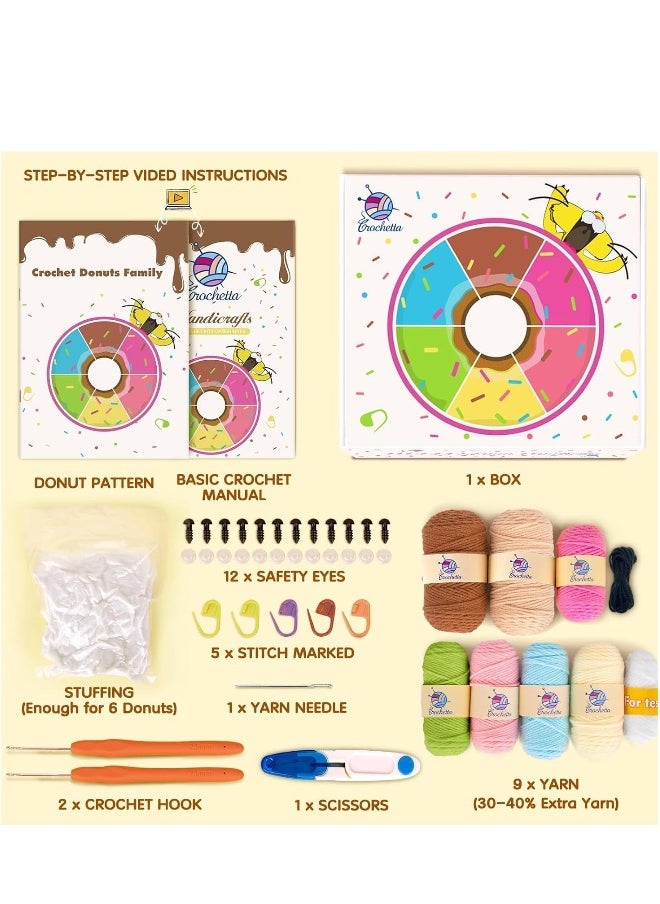 Generic Crochet Kit for Beginners, Beginner Starter w Step-by-Step Video Tutorials, Learn to Kits Adults & Kids, DIY Knitting Supplies, 6-Pack Donut Family(40%+ Yarn Content)  - Image 2