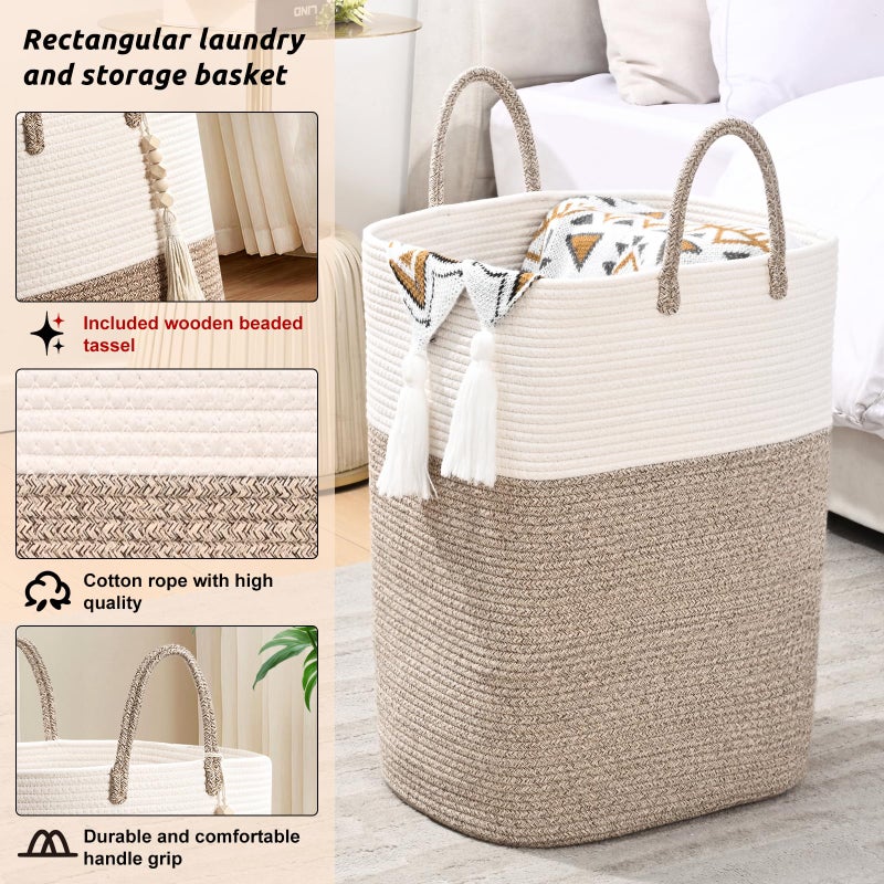 WENMER Woven Laundry Basket For Clothes  50L Large Rectangle Laundry Hampers With Beads Tassel  Nursery Storage Basket For Toys  Tall Dirty Clothes Hamper For Bedroom Aesthetic  Laundry Room Organization - Image 3
