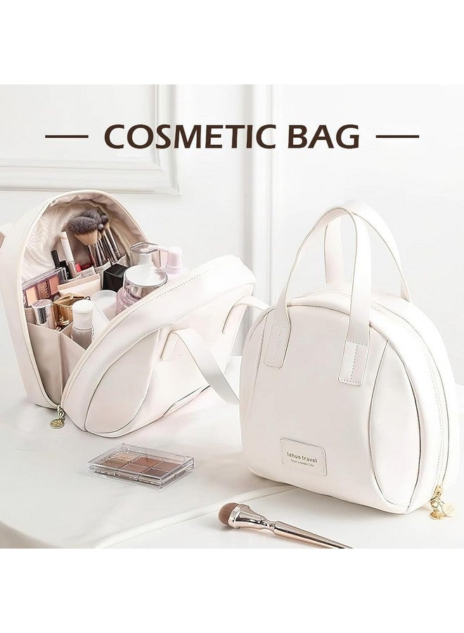 RATAVA Travel Cosmetic Bag for Women Makeup Organizer with Muti Pockets PU Waterproof Toiletry Bag with Handles Dividers, Makeup Organizer Pouch for Women, Girls 1pc (White) - Image 3