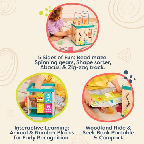 B. toys – Activity Cube – Educational Storybook Included – Wooden Shape Sorter, Bead Maze, Animal Tiles – Top Flips for Compact Storage – 12+ Months – Lil' Learning Cube - Image 3