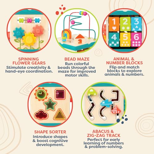 B. toys – Activity Cube – Educational Storybook Included – Wooden Shape Sorter, Bead Maze, Animal Tiles – Top Flips for Compact Storage – 12+ Months – Lil' Learning Cube - Image 4