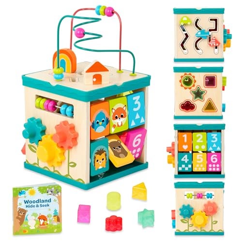 B. toys – Activity Cube – Educational Storybook Included – Wooden Shape Sorter, Bead Maze, Animal Tiles – Top Flips for Compact Storage – 12+ Months – Lil' Learning Cube - Image 1