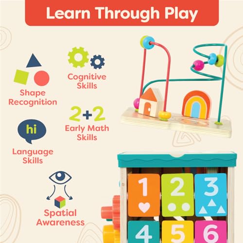 B. toys – Activity Cube – Educational Storybook Included – Wooden Shape Sorter, Bead Maze, Animal Tiles – Top Flips for Compact Storage – 12+ Months – Lil' Learning Cube - Image 5