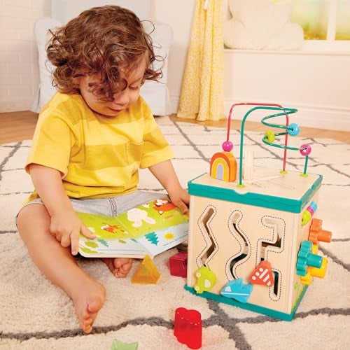 B. toys – Activity Cube – Educational Storybook Included – Wooden Shape Sorter, Bead Maze, Animal Tiles – Top Flips for Compact Storage – 12+ Months – Lil' Learning Cube - Image 2