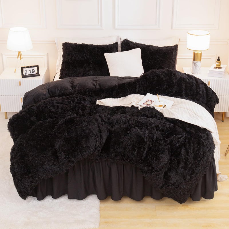 Andency Fluffy Black Comforter Set Full Size 3 Pieces Winter Faux Fur Warm Soft Fuzzy Plush Bedding Comforter Set 1 Velvet Comforter 2 Pillowcases Thick Heavy Puffy Comfy Comforters Bedding Set