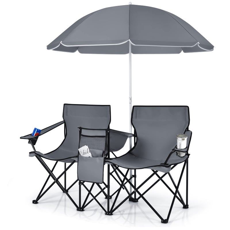 COSTWAY Double Portable Picnic Chairs, Folding Camping Chairs w/Detachable Umbrella, Cooler Bag, Cup Holders, Patio Beach Camping Chairs for Outdoors - Image 1