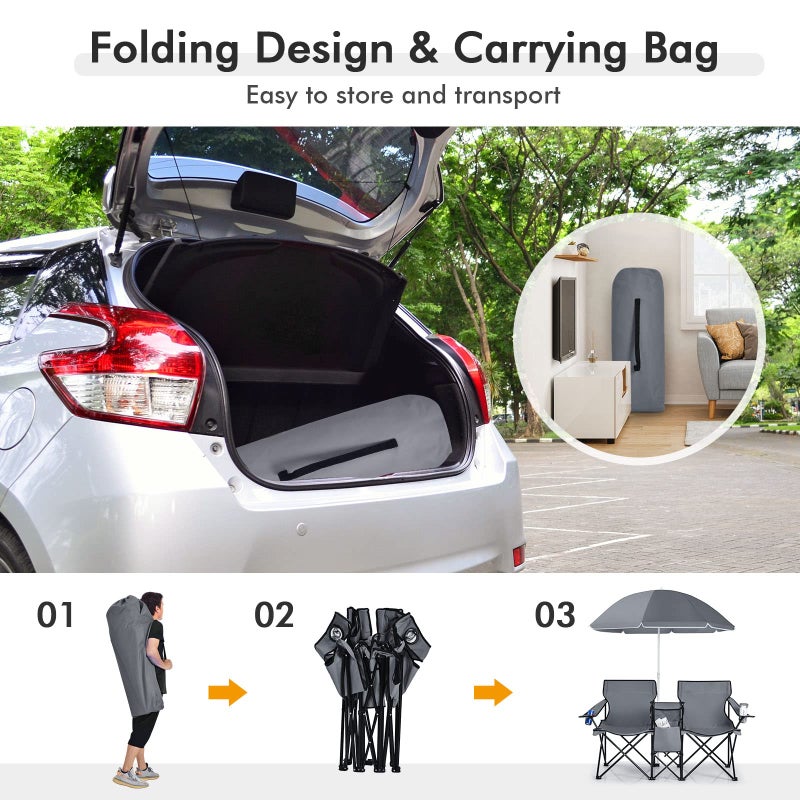 COSTWAY Double Portable Picnic Chairs, Folding Camping Chairs w/Detachable Umbrella, Cooler Bag, Cup Holders, Patio Beach Camping Chairs for Outdoors - Image 5