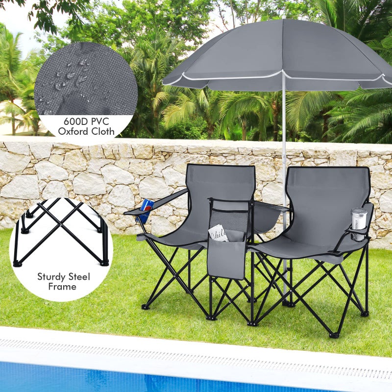 COSTWAY Double Portable Picnic Chairs, Folding Camping Chairs w/Detachable Umbrella, Cooler Bag, Cup Holders, Patio Beach Camping Chairs for Outdoors - Image 2