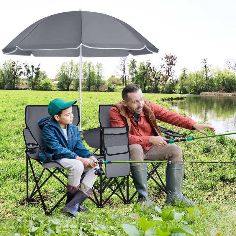 COSTWAY Double Portable Picnic Chairs, Folding Camping Chairs w/Detachable Umbrella, Cooler Bag, Cup Holders, Patio Beach Camping Chairs for Outdoors - Image 3