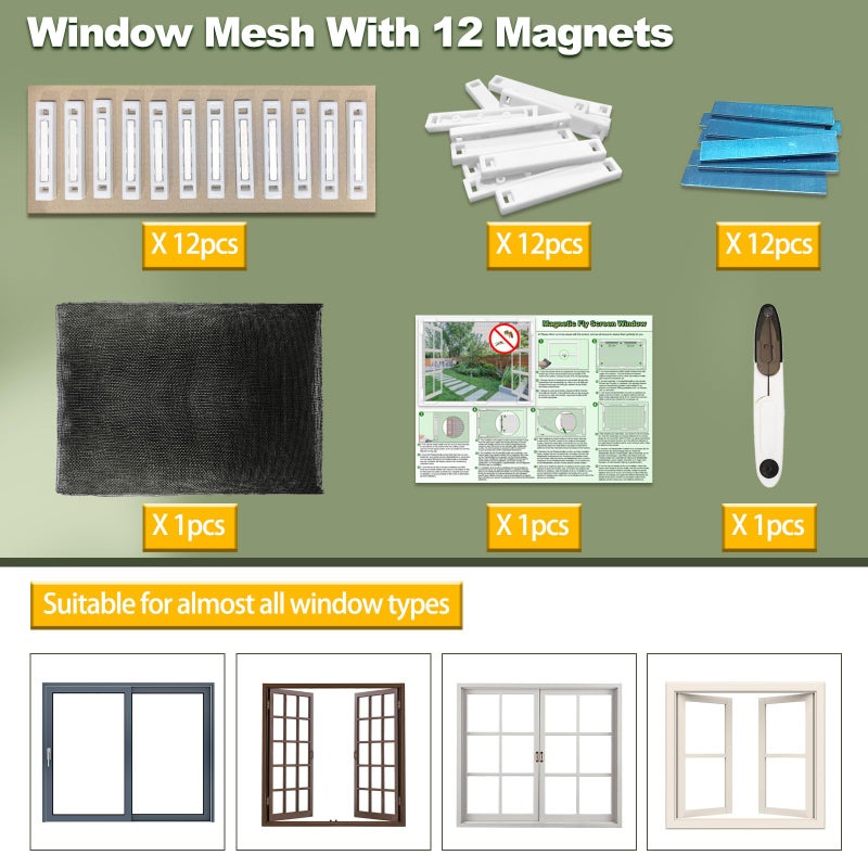 Magnetic Screen Door/Window (Fits 149×129cm Windows): Adjustable, fine-mesh fiberglass screen with 12 innovative magnets. Gray - Image 5
