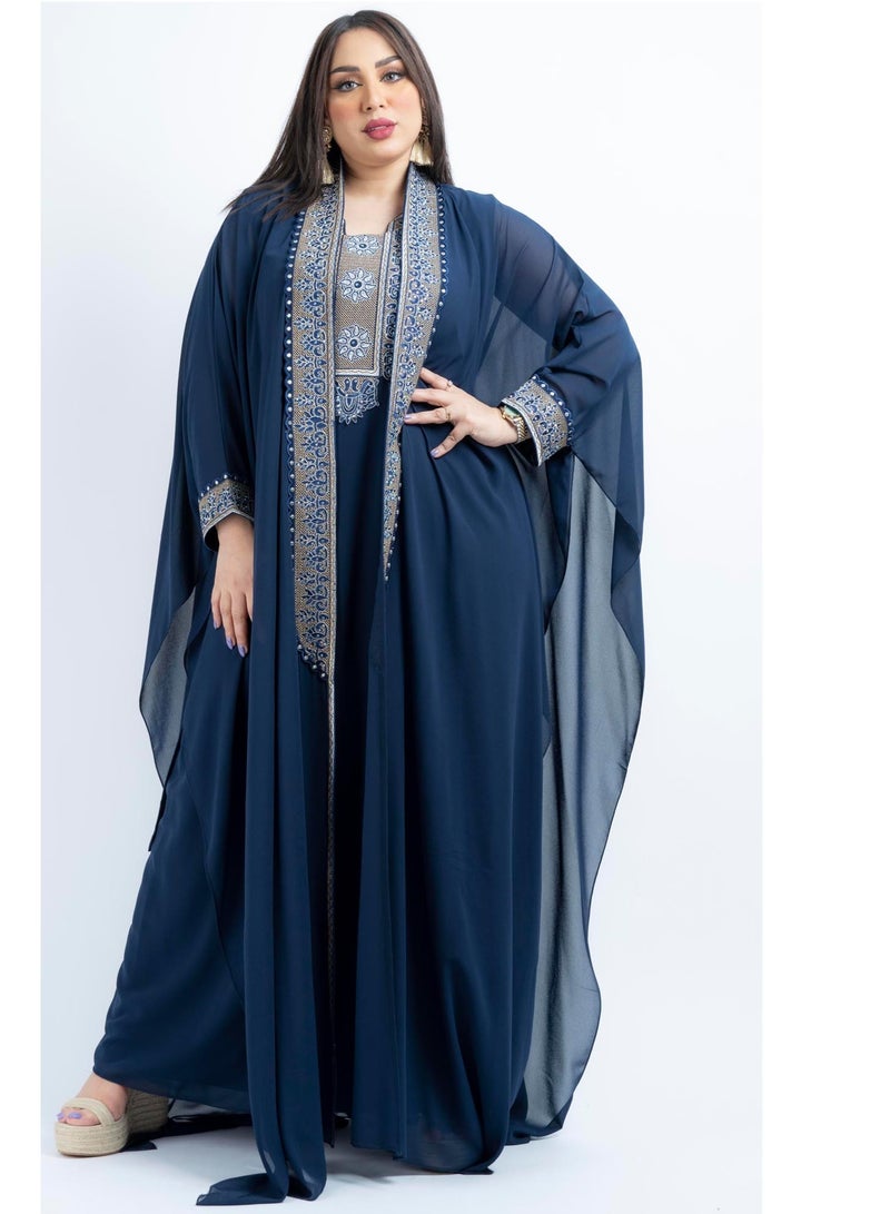 زينة جلابية سهرة نسائية راقية - قفطان شيفون فاخر بتطريز حجري وكريستال - موديل أكمام خفاش - Image 1