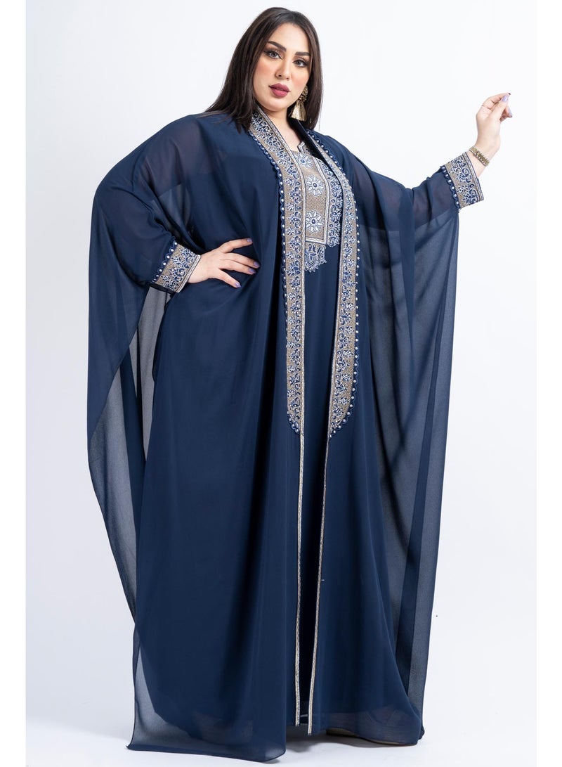 زينة جلابية سهرة نسائية راقية - قفطان شيفون فاخر بتطريز حجري وكريستال - موديل أكمام خفاش - Image 3