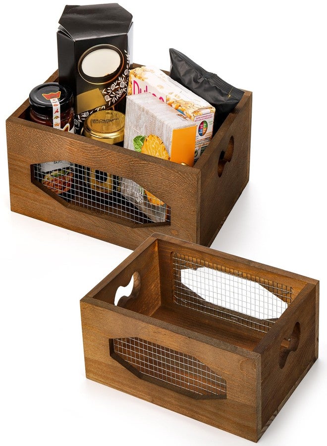 Okllen Set of 2 Wooden Nesting Countertop Baskets, Decorative Wood Storage Box Farmhouse Rustic Crate with Cutout Handles for Bread, Fruit, Vegetables, Kitchen, Bathroom, Pantry Supplies, Brown - Image 3