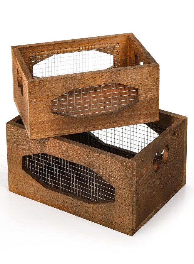 Okllen Set of 2 Wooden Nesting Countertop Baskets, Decorative Wood Storage Box Farmhouse Rustic Crate with Cutout Handles for Bread, Fruit, Vegetables, Kitchen, Bathroom, Pantry Supplies, Brown - Image 1