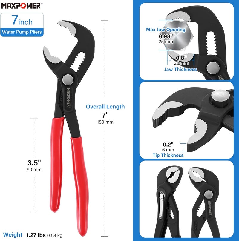 Max Power 7 inch Water Pump Pliers, with 0.98 inch Jaw Capacity Opening Push Button Lock Pliers - Image 1