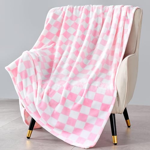 Edenleaf Pink Checkered Blanket Ultra Soft Fleece Checkered Throw Blankets for Couch Bed and Travel Luxury Throws for All Seasons 50x60 Inch Pink