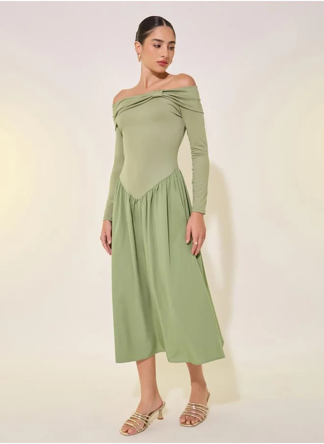 Take Two Take Two Solid Off Shoulder Gathered Detail Midi Dress