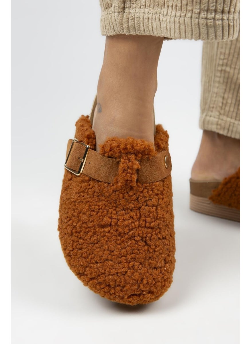 Manijero Juno Women's Textile Fur Leather Belted Buckle Tan Slippers  - Image 5