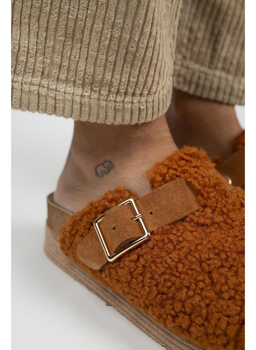 Manijero Juno Women's Textile Fur Leather Belted Buckle Tan Slippers  - Image 3