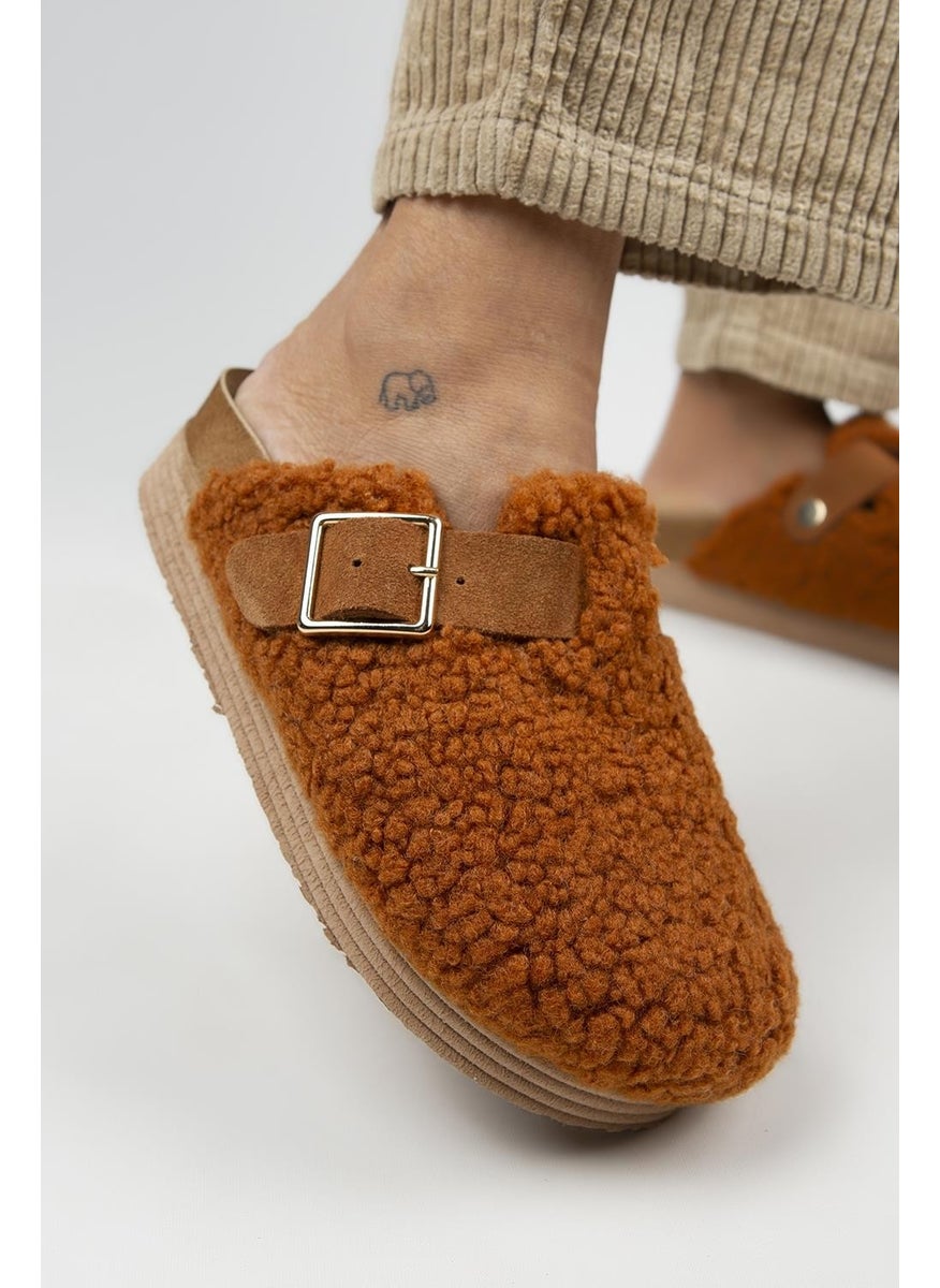 Manijero Juno Women's Textile Fur Leather Belted Buckle Tan Slippers  - Image 4