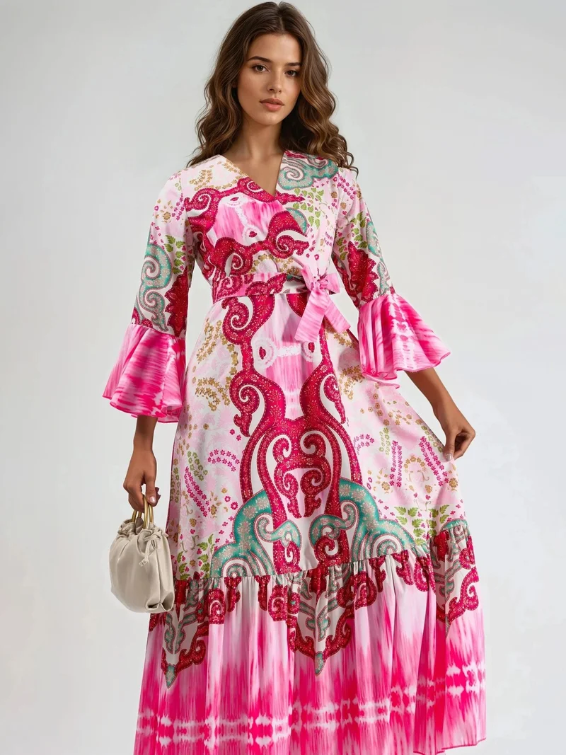 جينيفر Frilly Paisley V-neck Maxi Dress